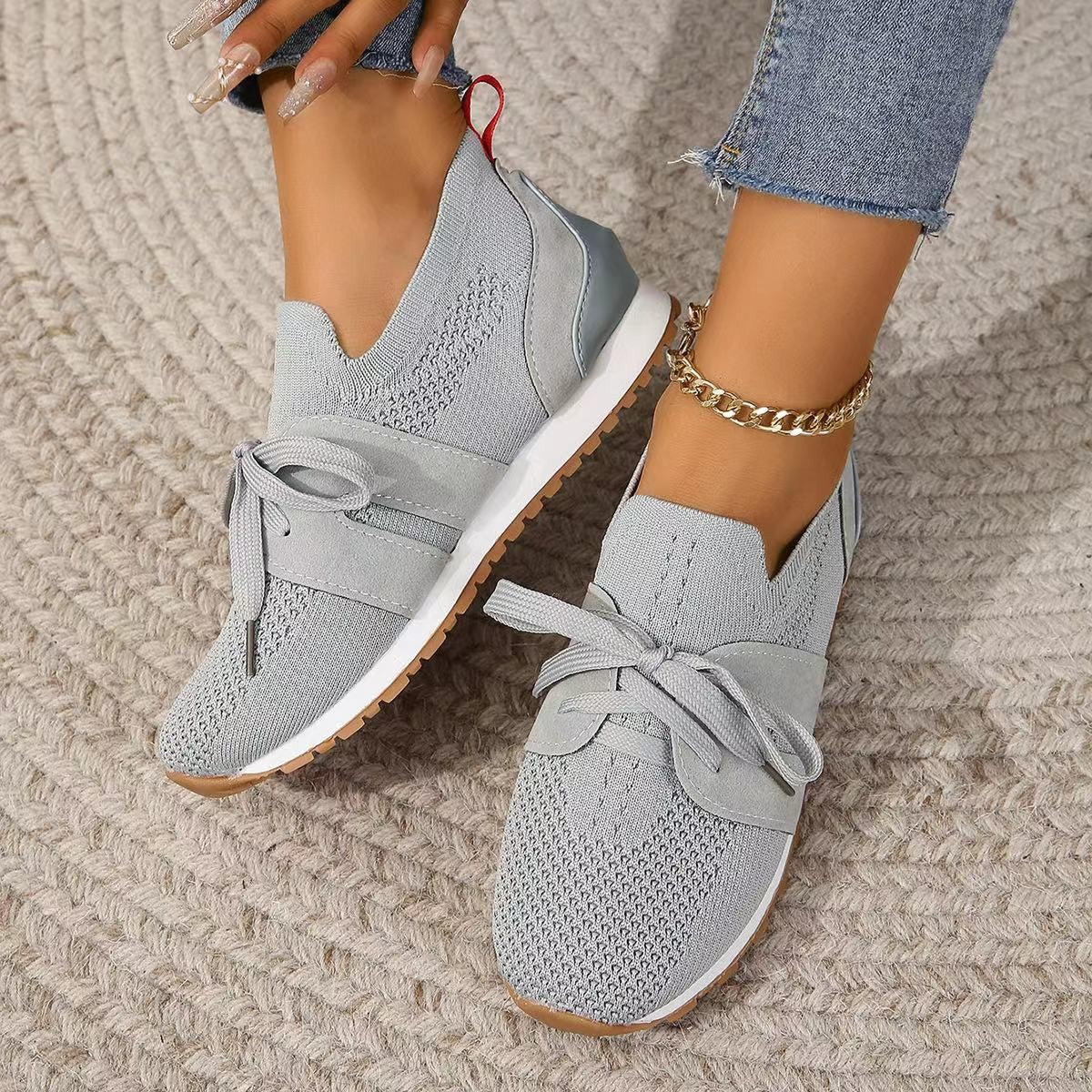 Lace Up Mesh Flats Shoes For Women Breathable Casual Breathable Walking Wedges Shoes