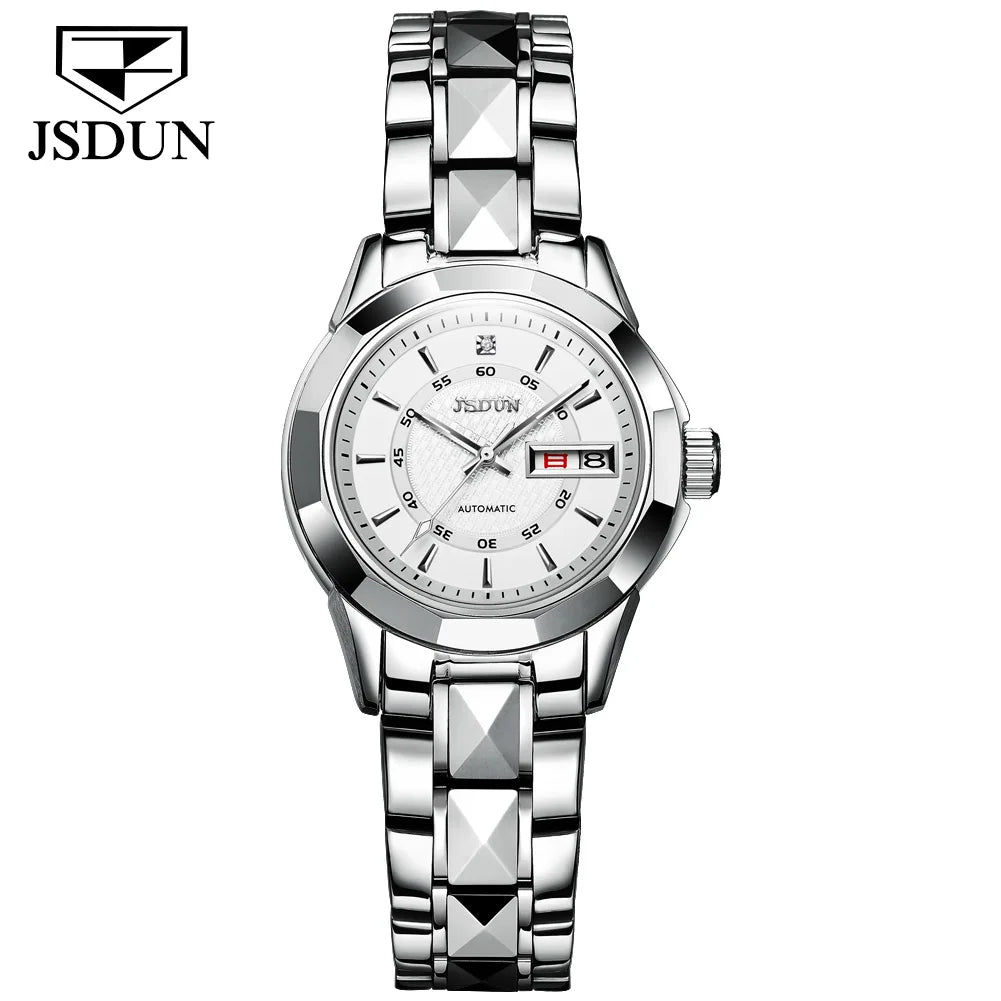 JSDUN 8014 Automatic Mechanical Watch For Women Dual Calendar Tungsten Steel Strap Hand Clock Luxury Elegant Women's Watches