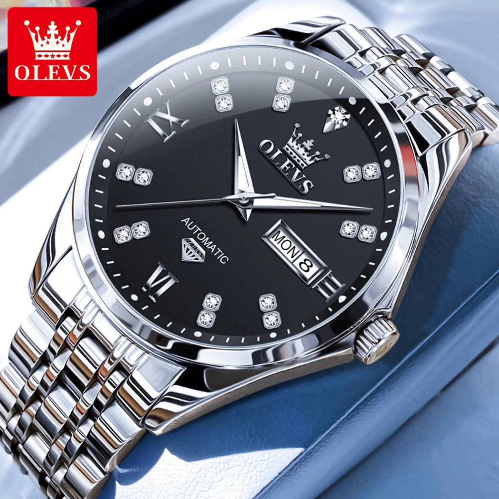 OLEVS 9801 Dual Calendar Luxury Mechanical Watch For Men Diamond Scale Stainless Steel Automatic Hand Clock Waterproof Man Watch