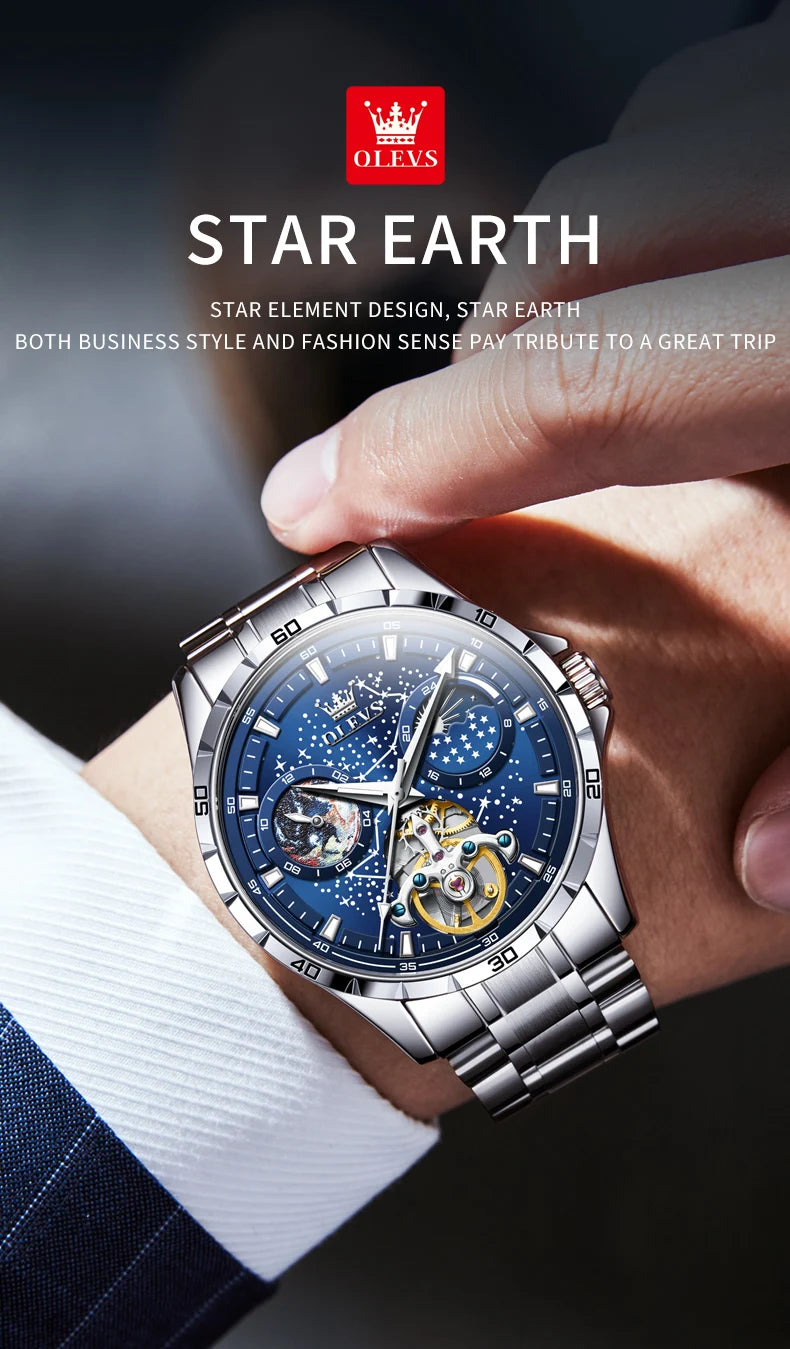 OLEVS Original Brand Men's Watches Waterproof Multifunctional Luminous Fully Automatic Mechanical Watch Moon Phase Starry Disk