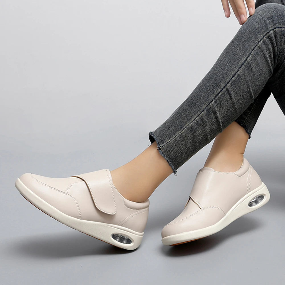 Women Diabetic Shoes Leather Walking Shoes Non Slip Lightweight Edema Sneakers Hook and Loop Sneakers for Plantar Fasciitis