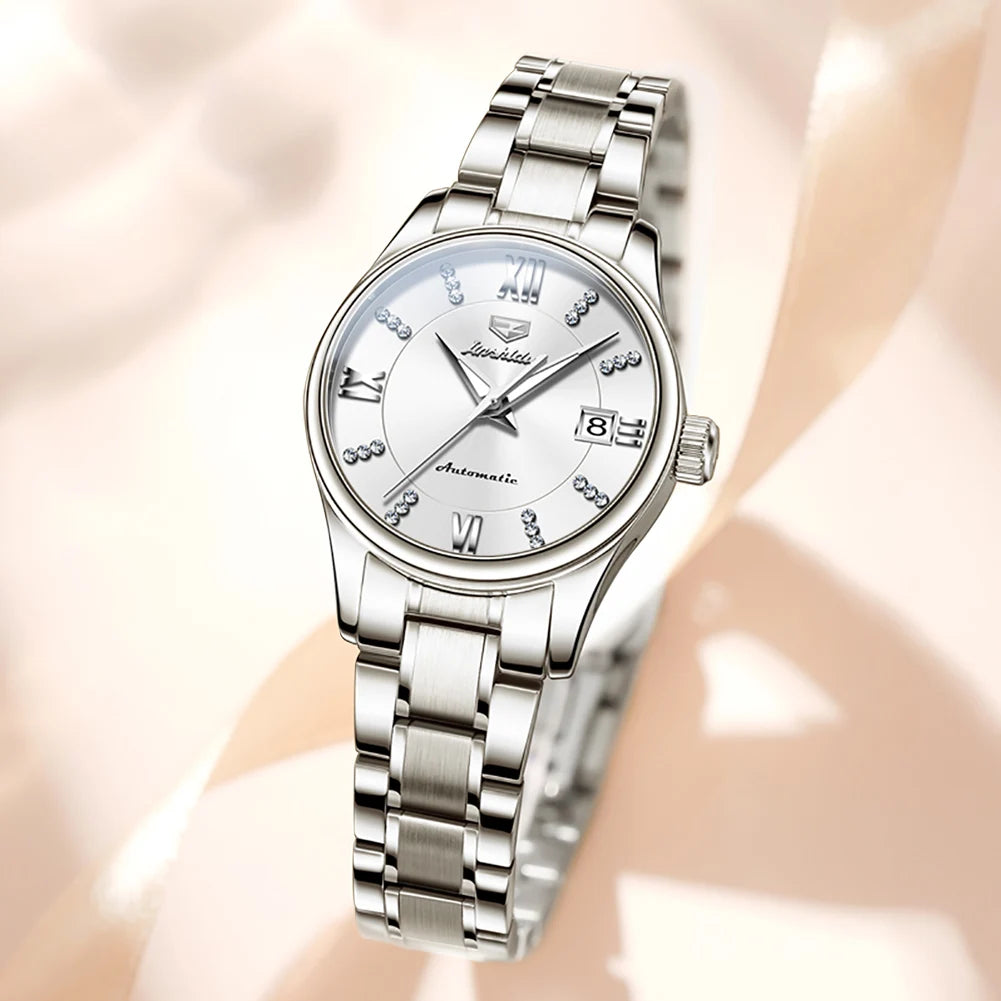 JSDUN 8933 Auto Date Mechanical Watch For Women Luxury Stainless Steel Diamond Woman Watches Deep Waterproof