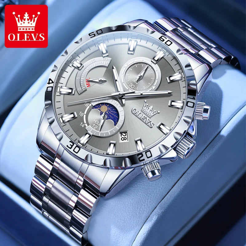 OLEVS 2953 Exclusive Design Men's Watches Full Stainless steel Moon Phase Waterproof Chronograph Quartz Watch for Men Genuine