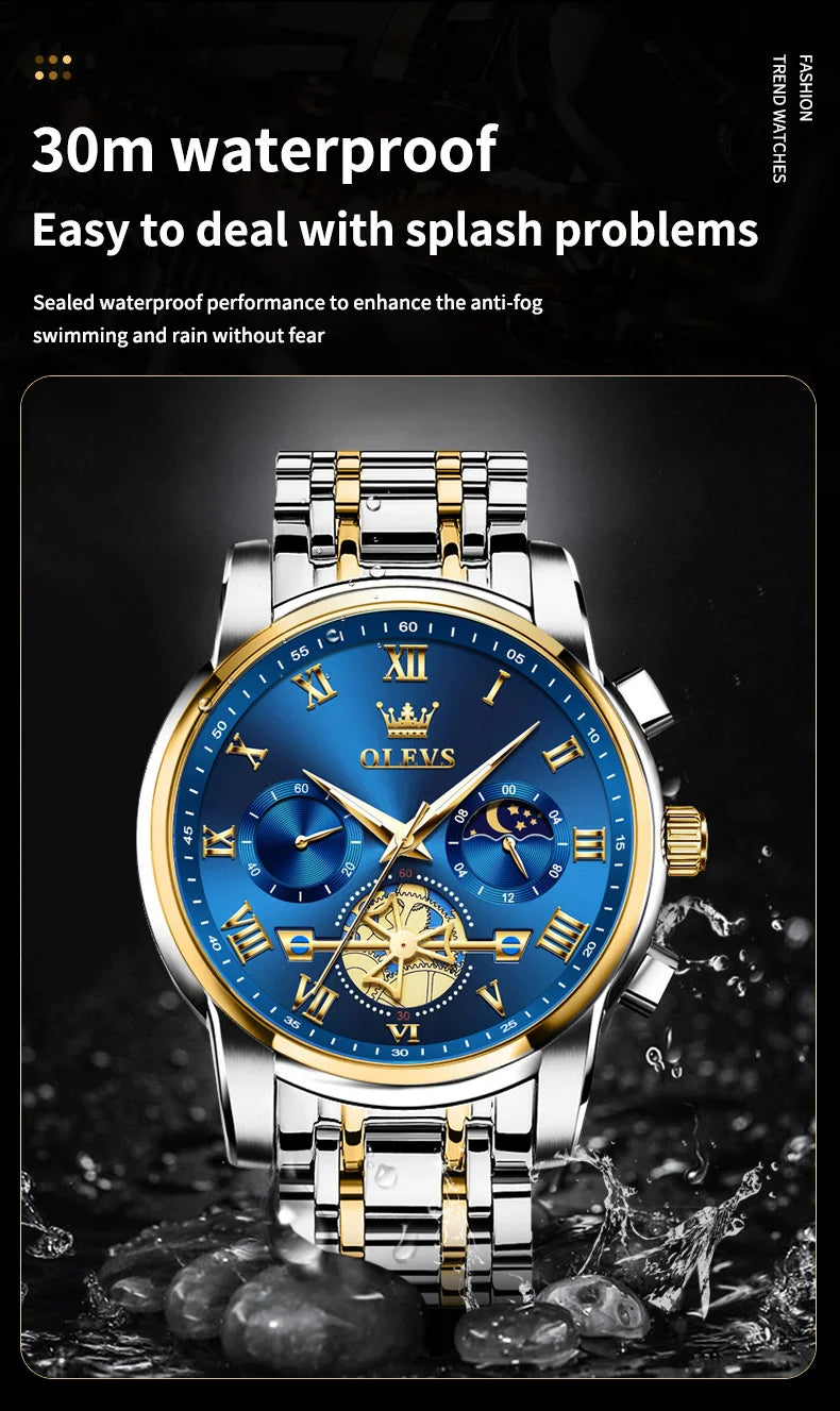 OLEVS 2859 Moon Phase Men Watches Chronograph High End Watches Man Stainless Steel Waterproof Quartz Watch for Men Luxury Brand