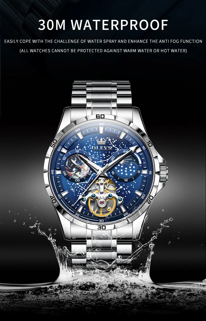 OLEVS Original Brand Men's Watches Waterproof Multifunctional Luminous Fully Automatic Mechanical Watch Moon Phase Starry Disk