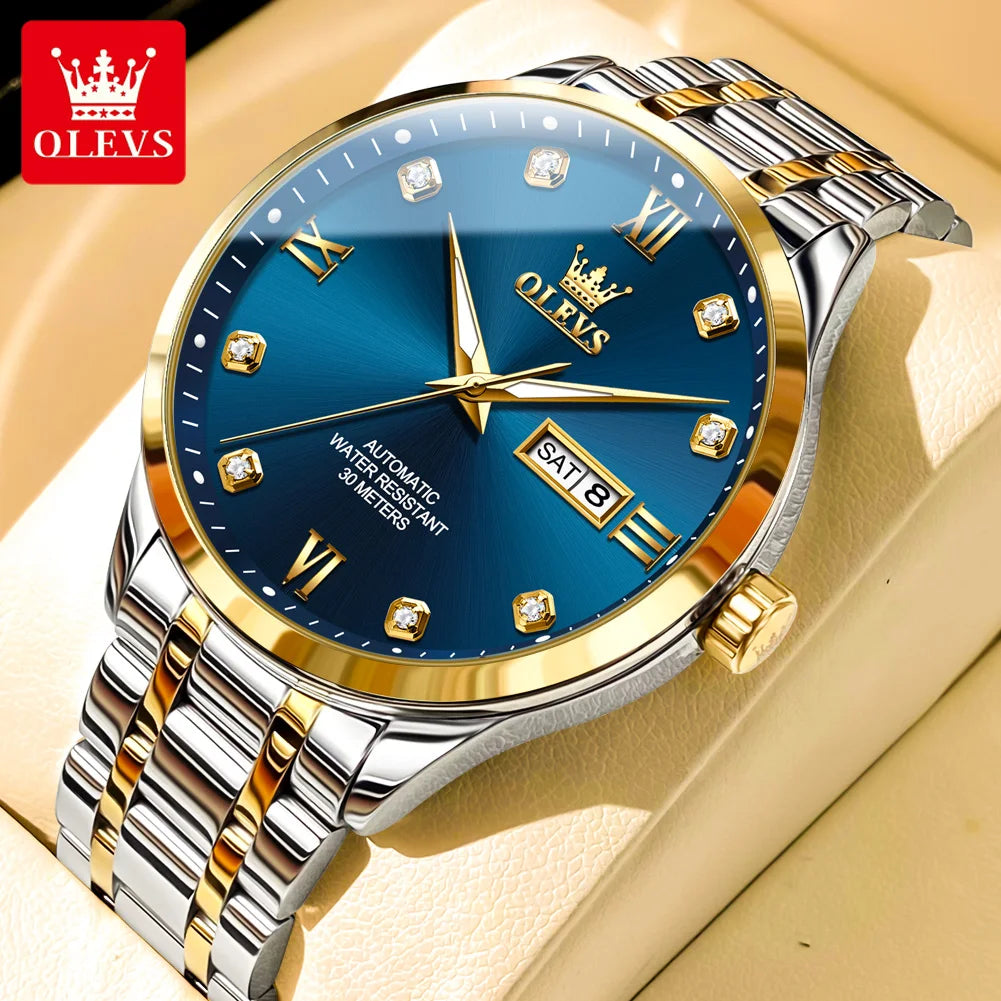 OLEVS 9946 New In Automatic Mechanical Watch for Man Luxury Diamond Dial Dual Calendar Display Auto Date Clock Waterproof Watch