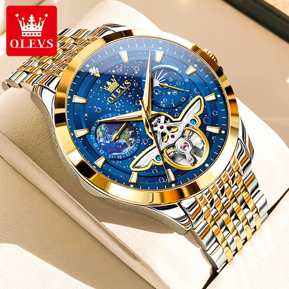 OLEVS Luxury Brand Men's Watches Luminous Waterproof Fully Automatic Mechanical Watch Starry Sky Dial Moon Phase Hollow Out