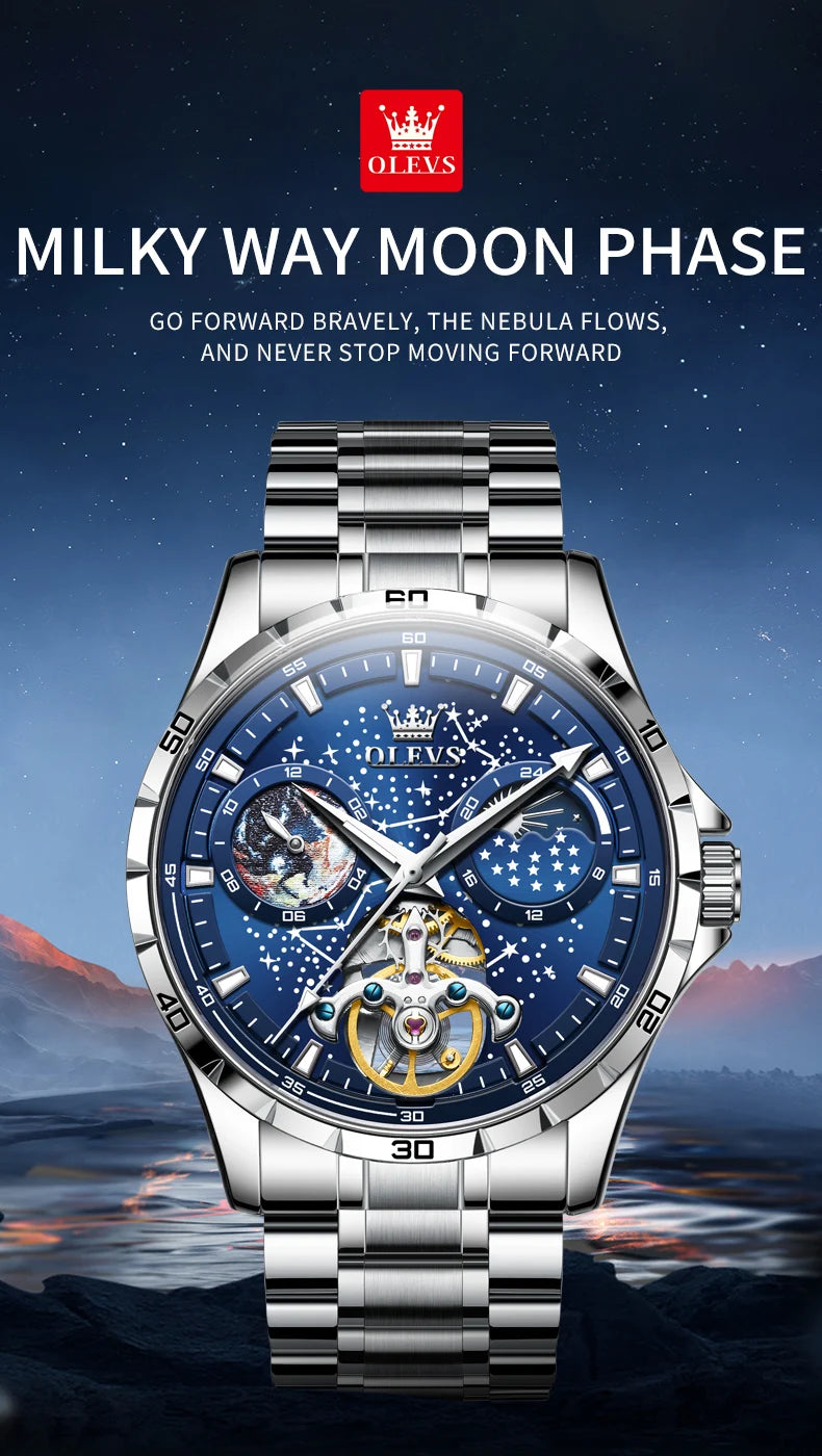 OLEVS Original Brand Men's Watches Waterproof Multifunctional Luminous Fully Automatic Mechanical Watch Moon Phase Starry Disk