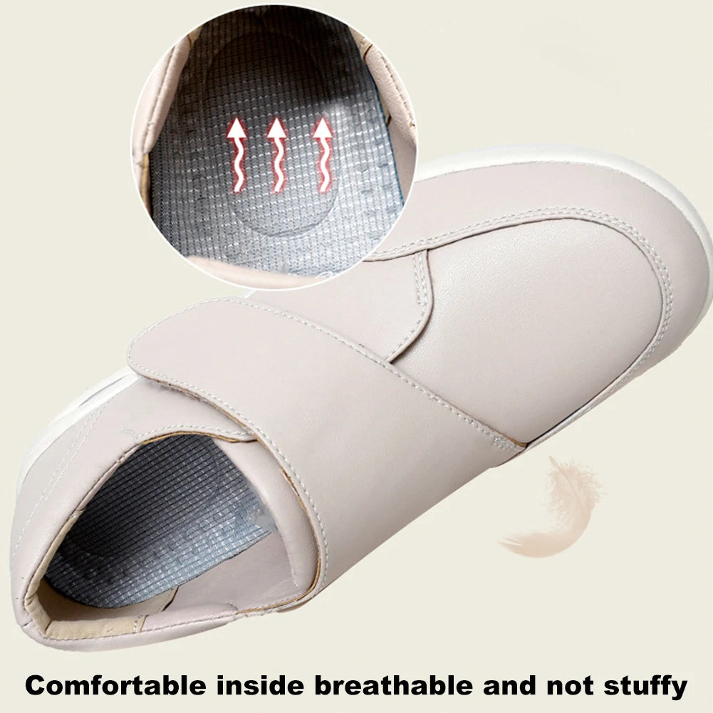 Women Diabetic Shoes Leather Walking Shoes Non Slip Lightweight Edema Sneakers Hook and Loop Sneakers for Plantar Fasciitis