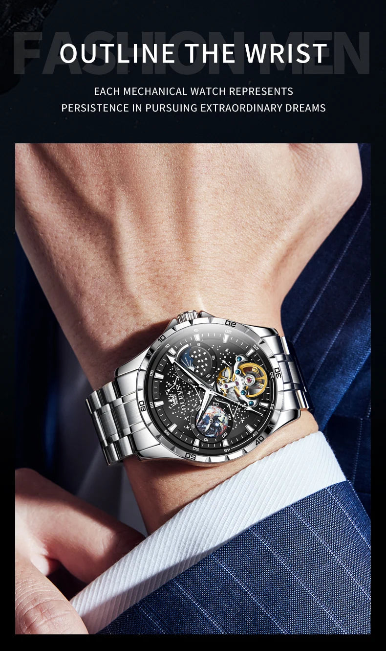OLEVS Original Brand Men's Watches Waterproof Multifunctional Luminous Fully Automatic Mechanical Watch Moon Phase Starry Disk