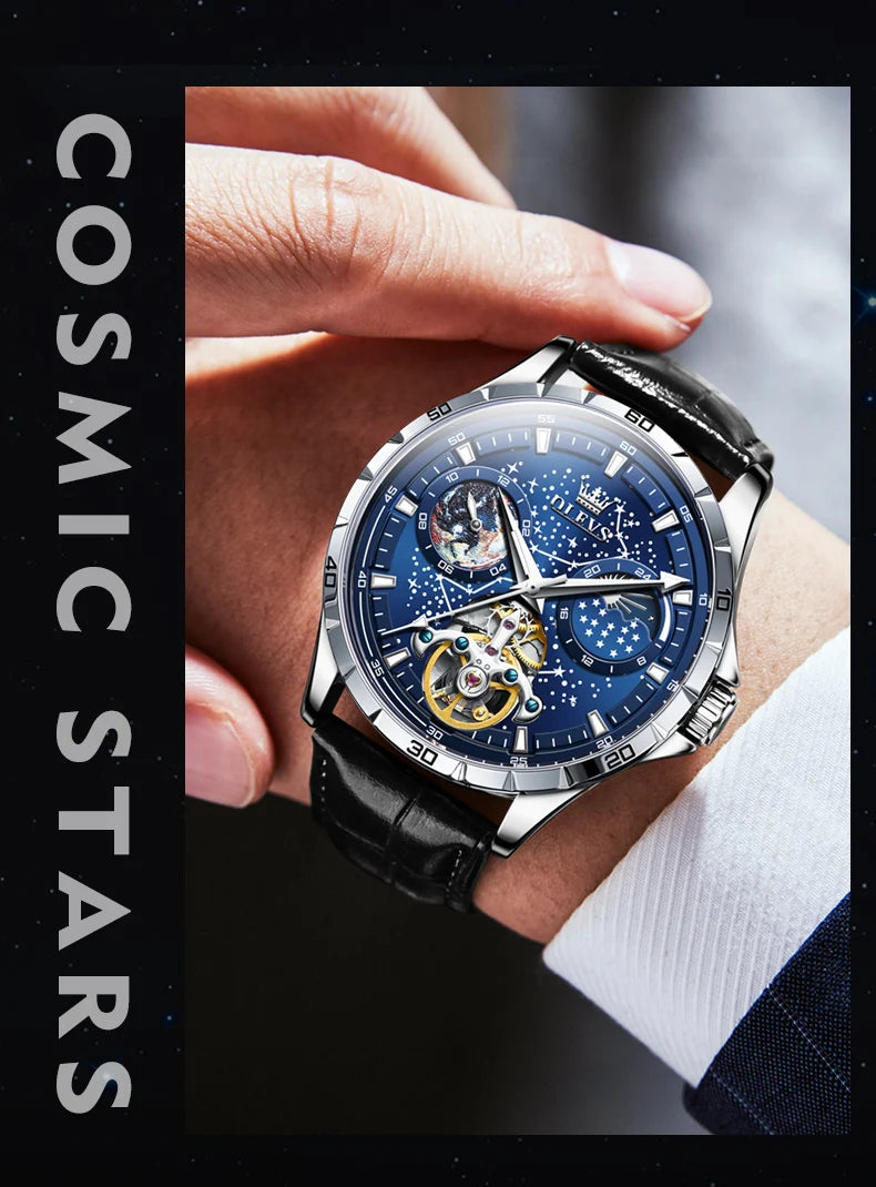 OLEVS Original Brand Men's Watches Waterproof Multifunctional Luminous Fully Automatic Mechanical Watch Moon Phase Starry Disk