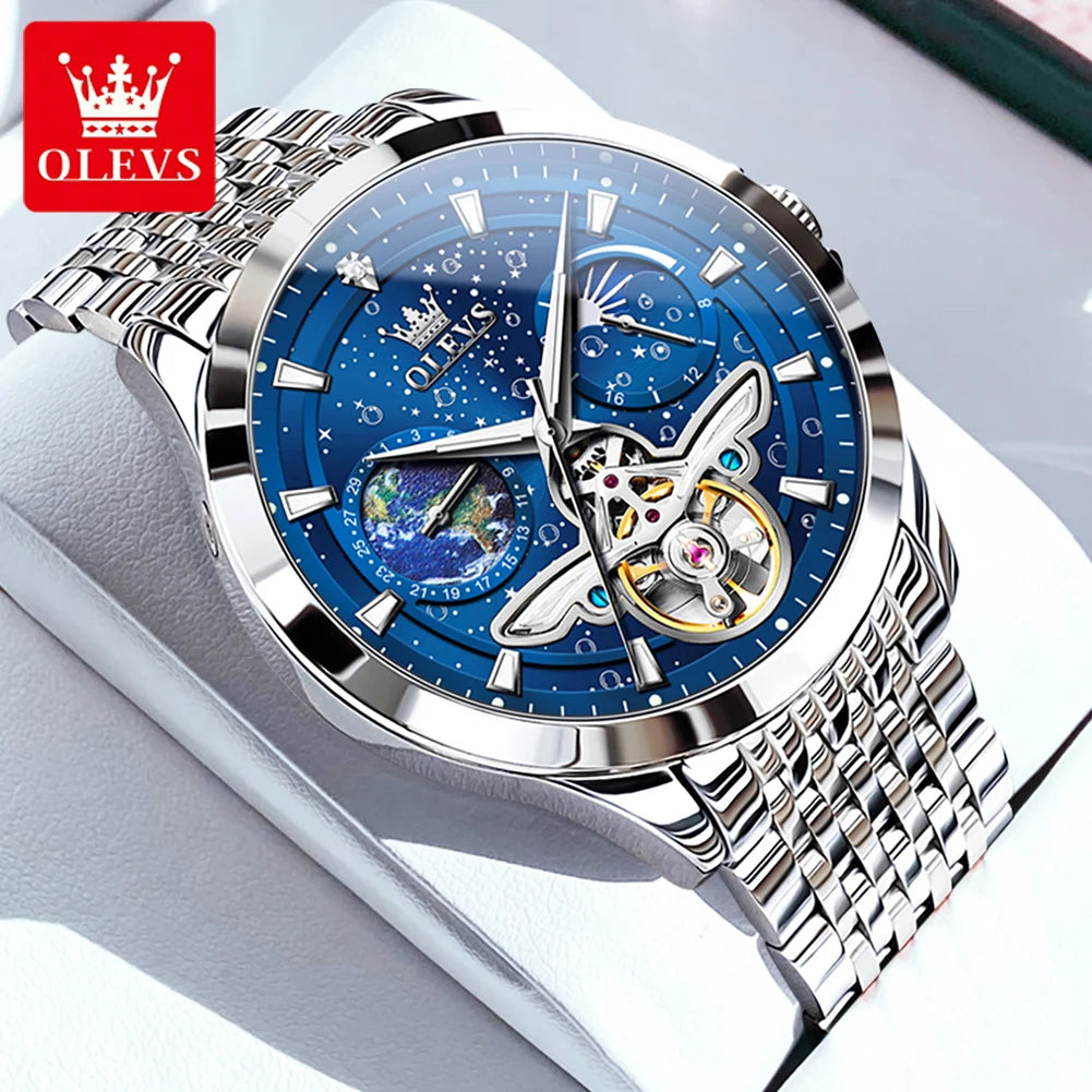 OLEVS Luxury Brand Men's Watches Luminous Waterproof Fully Automatic Mechanical Watch Starry Sky Dial Moon Phase Hollow Out