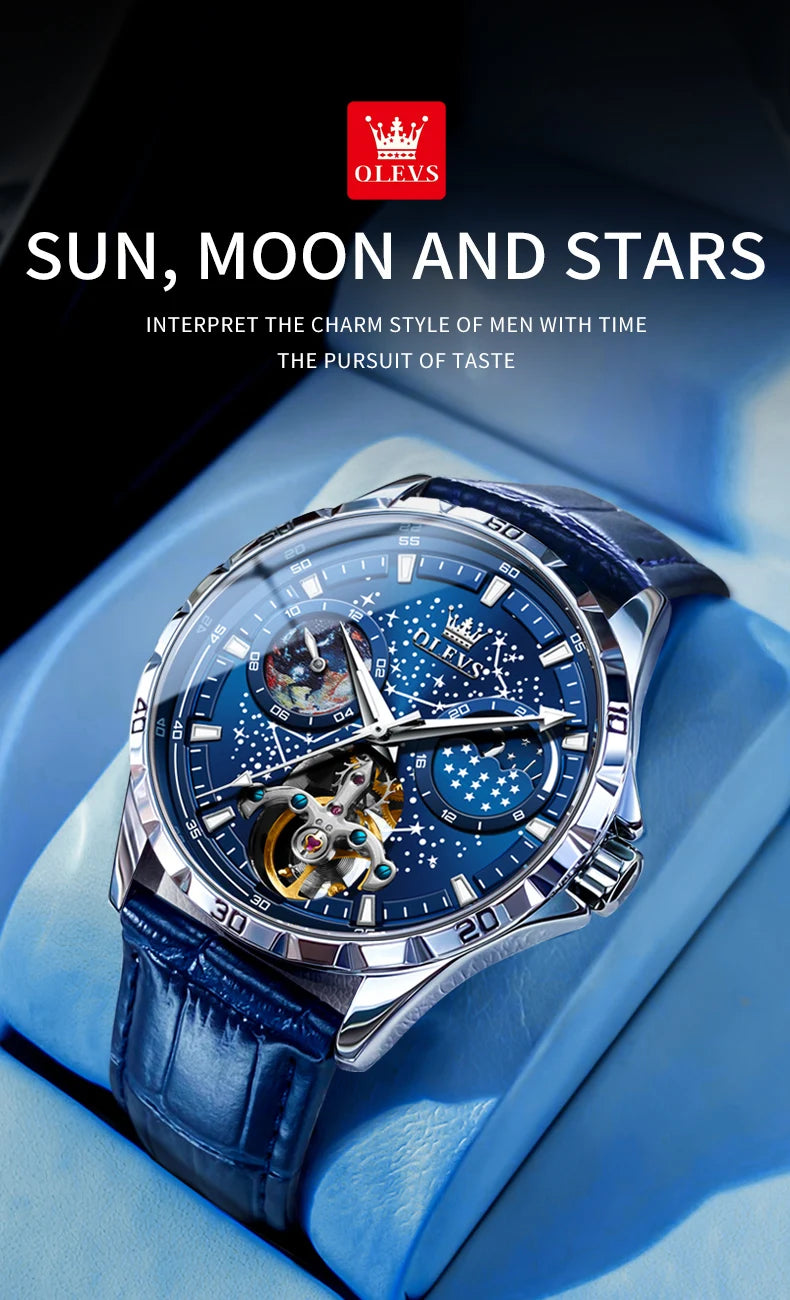 OLEVS Original Brand Men's Watches Waterproof Multifunctional Luminous Fully Automatic Mechanical Watch Moon Phase Starry Disk