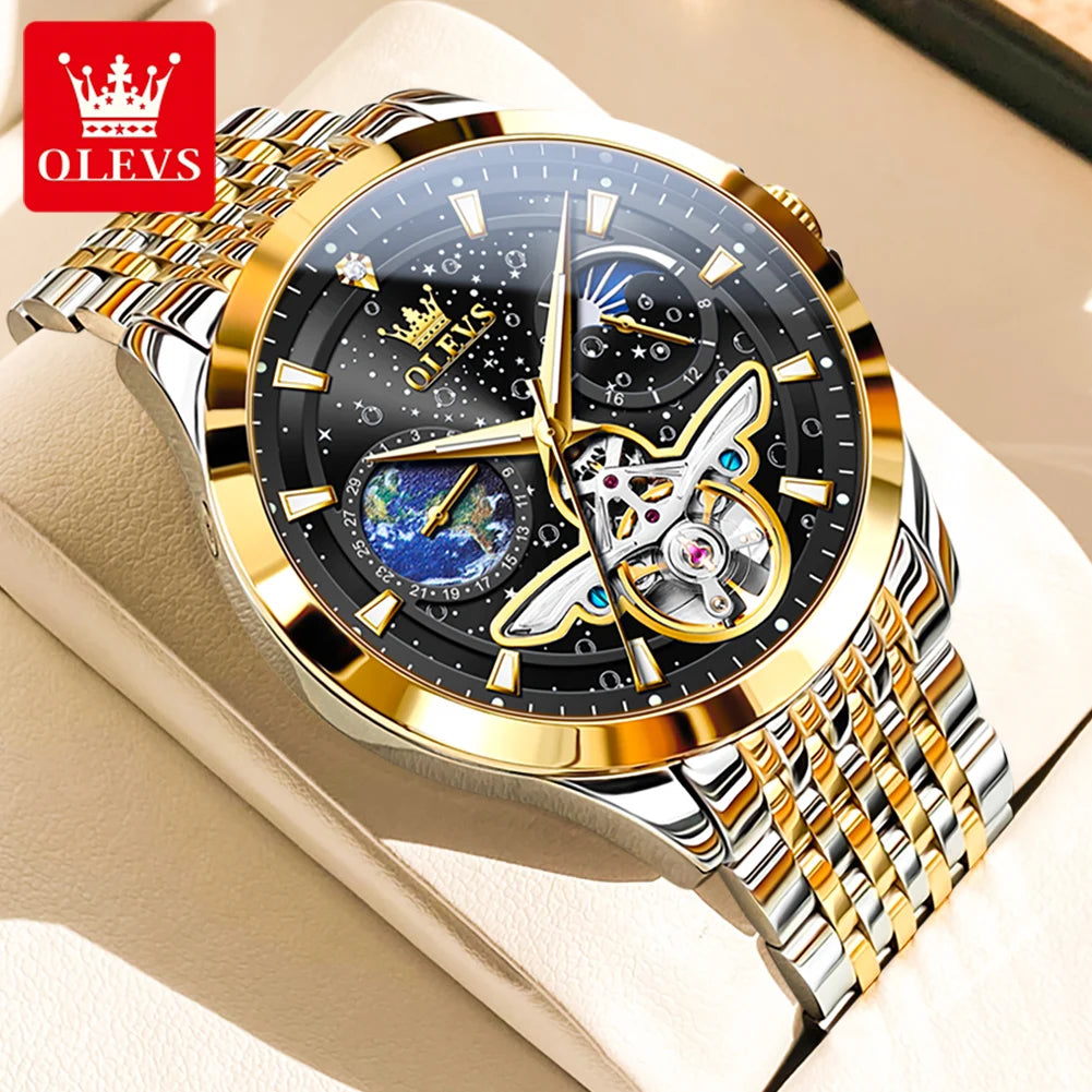 OLEVS Luxury Brand Men's Watches Luminous Waterproof Fully Automatic Mechanical Watch Starry Sky Dial Moon Phase Hollow Out
