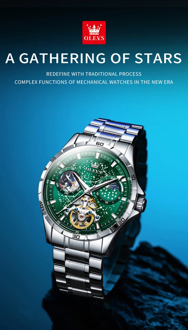 OLEVS Original Brand Men's Watches Waterproof Multifunctional Luminous Fully Automatic Mechanical Watch Moon Phase Starry Disk