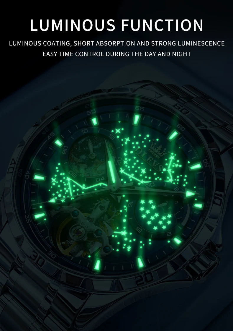 OLEVS Original Brand Men's Watches Waterproof Multifunctional Luminous Fully Automatic Mechanical Watch Moon Phase Starry Disk