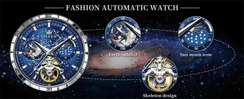 OLEVS Original Brand Men's Watches Waterproof Multifunctional Luminous Fully Automatic Mechanical Watch Moon Phase Starry Disk