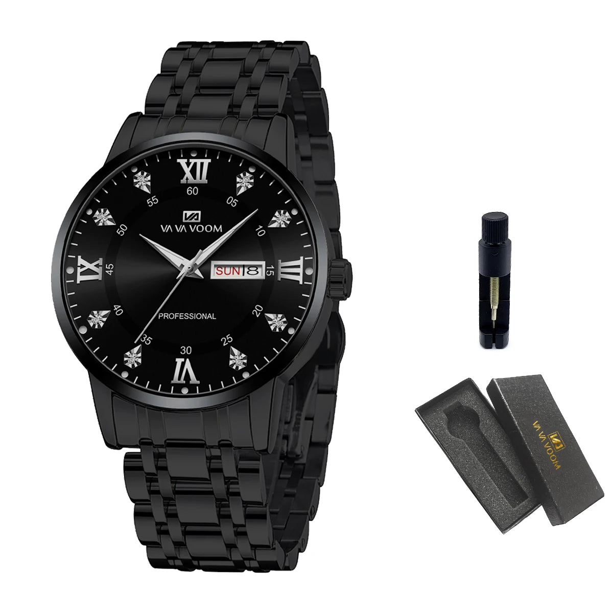 Luxurious Watch For Men US Fast Delivery Golden Black Rhinestone Moonlight Stainless Steel Business Leisure Quartz 1 Set Watches