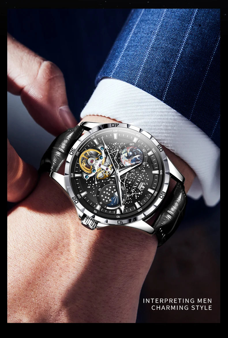OLEVS Original Brand Men's Watches Waterproof Multifunctional Luminous Fully Automatic Mechanical Watch Moon Phase Starry Disk