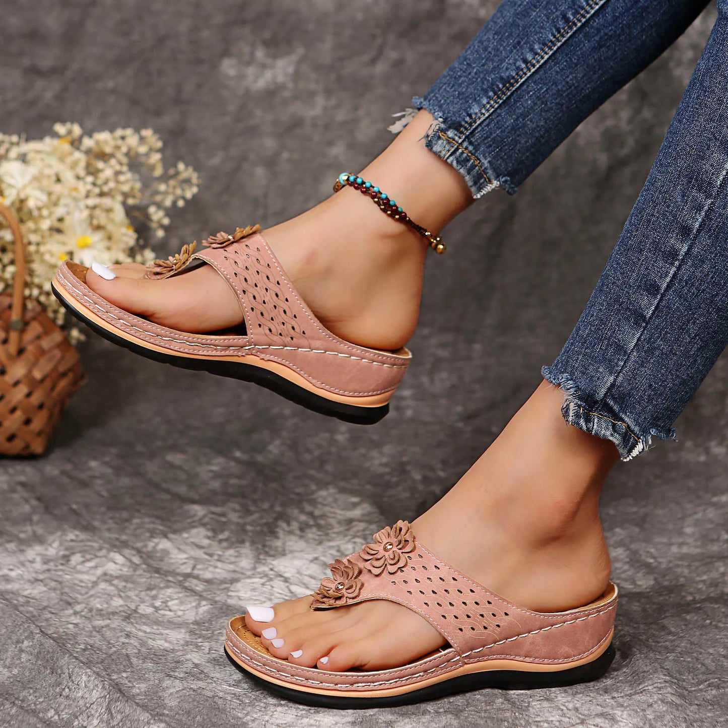 Women Summer Wedges Flip Flop Floral Decorate Flat Clip Sandals Premium Orthopedic Anti-slip Platform Leater Shorts Arch Support