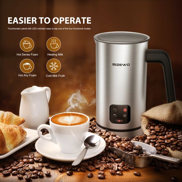 Electric Warmer with Touch Screen, BIZEWO 4 IN 1 Automatic Stainless Steel Steamer for Coffee , Latte, Hot Chocolates