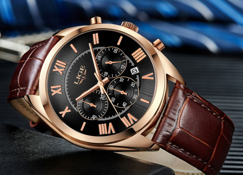 Men's Watch Top Brand LIGE Luxury Waterproof Date Quartz Leather Sport Chronogra