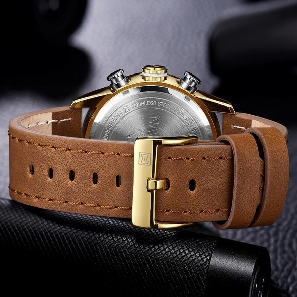NAVIFORCE 9144 Fashion Gold Men Sport Watches Men's LED Analog Digital Watch Army Military Leather Quartz Watch Relogio Masculino