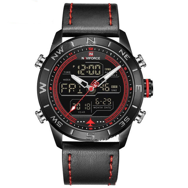 NAVIFORCE 9144 Fashion Gold Men Sport Watches Men's LED Analog Digital Watch Army Military Leather Quartz Watch Relogio Masculino