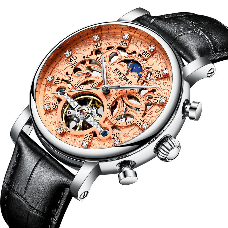 KINYUED genuine automatic leather men's watch watches hollow mechanical watches travel time accurate