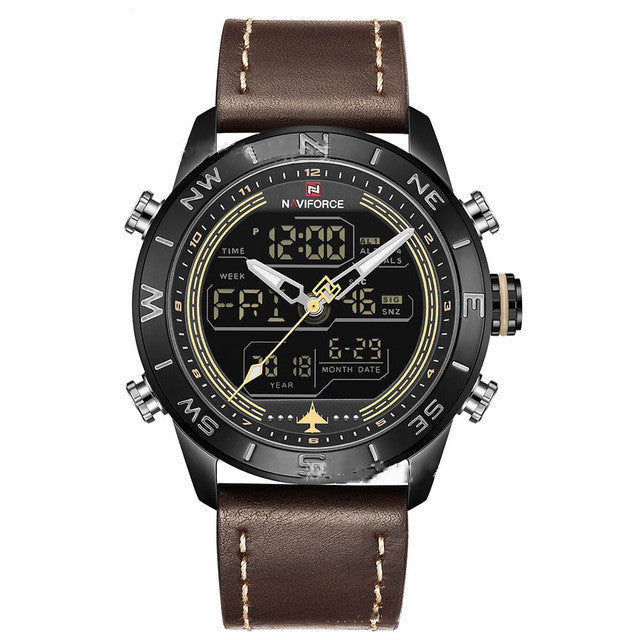 NAVIFORCE 9144 Fashion Gold Men Sport Watches Men's LED Analog Digital Watch Army Military Leather Quartz Watch Relogio Masculino