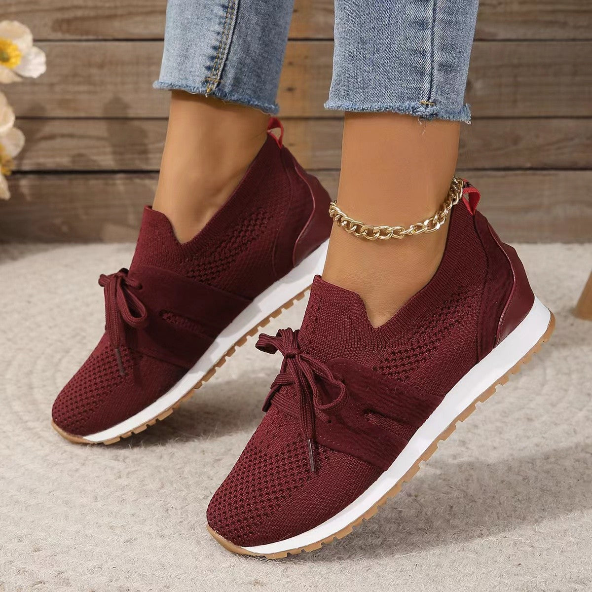 Lace Up Mesh Flats Shoes For Women Breathable Casual Breathable Walking Wedges Shoes