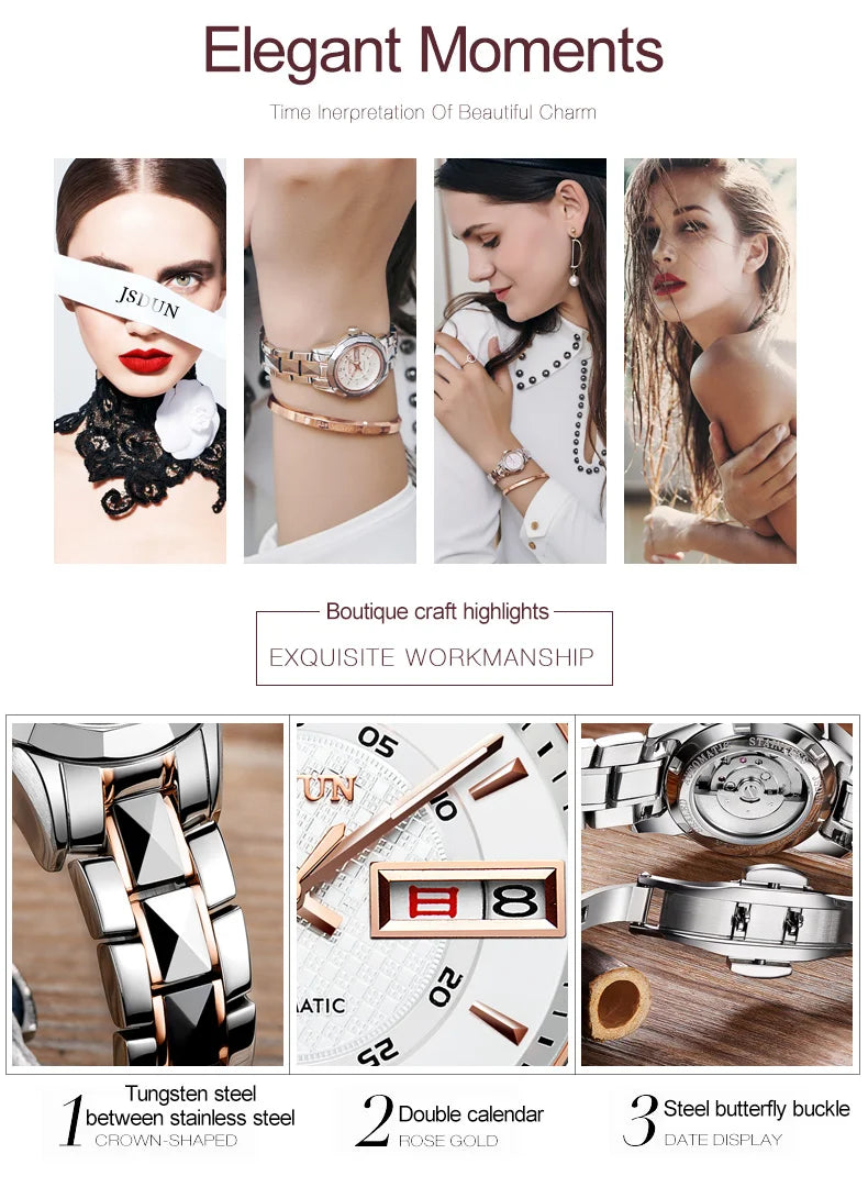 JSDUN 8014 Automatic Mechanical Watch For Women Dual Calendar Tungsten Steel Strap Hand Clock Luxury Elegant Women's Watches