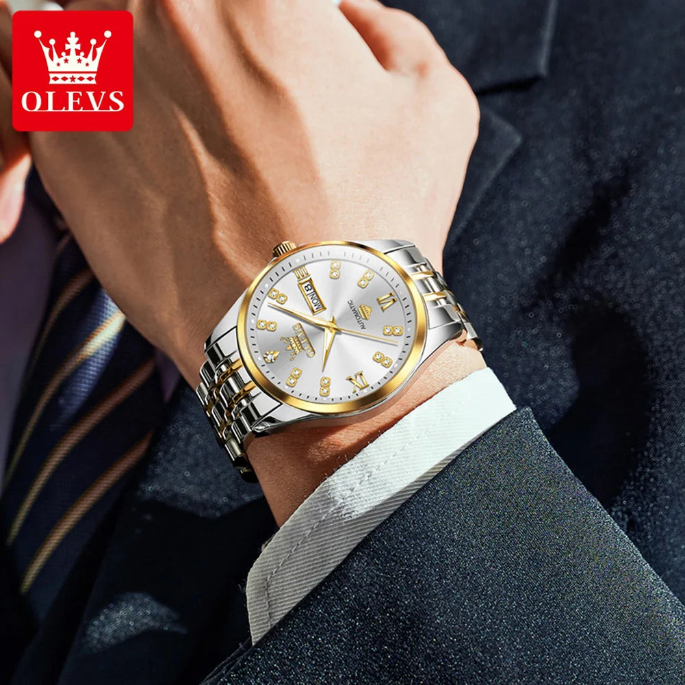 OLEVS 9801 Dual Calendar Luxury Mechanical Watch For Men Diamond Scale Stainless Steel Automatic Hand Clock Waterproof Man Watch