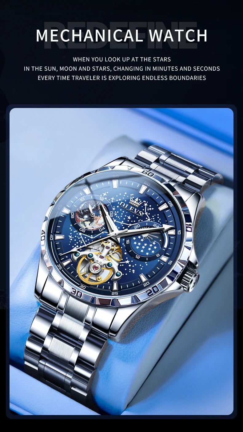 OLEVS Original Brand Men's Watches Waterproof Multifunctional Luminous Fully Automatic Mechanical Watch Moon Phase Starry Disk