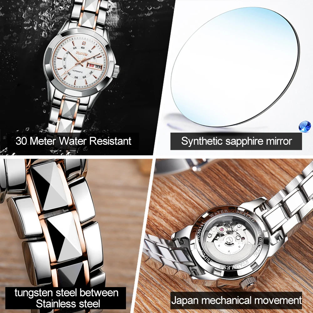 JSDUN 8014 Automatic Mechanical Watch For Women Dual Calendar Tungsten Steel Strap Hand Clock Luxury Elegant Women's Watches