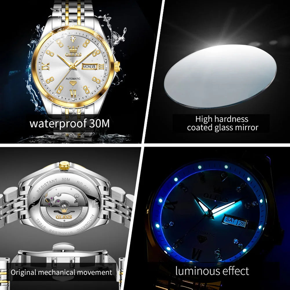OLEVS 9801 Dual Calendar Luxury Mechanical Watch For Men Diamond Scale Stainless Steel Automatic Hand Clock Waterproof Man Watch