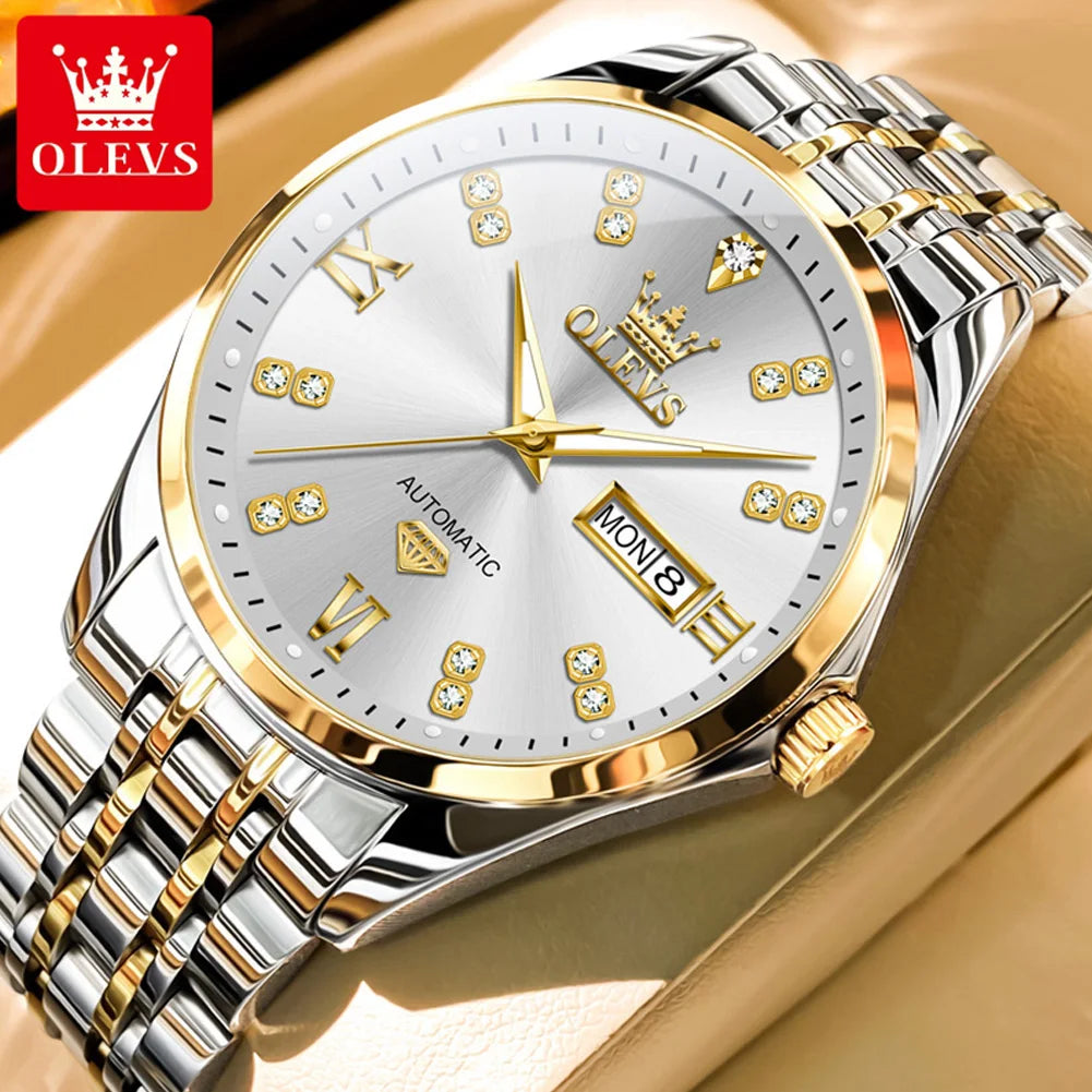 OLEVS 9801 Dual Calendar Luxury Mechanical Watch For Men Diamond Scale Stainless Steel Automatic Hand Clock Waterproof Man Watch