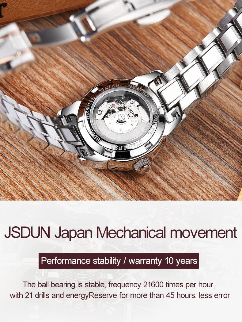 JSDUN 8014 Automatic Mechanical Watch For Women Dual Calendar Tungsten Steel Strap Hand Clock Luxury Elegant Women's Watches