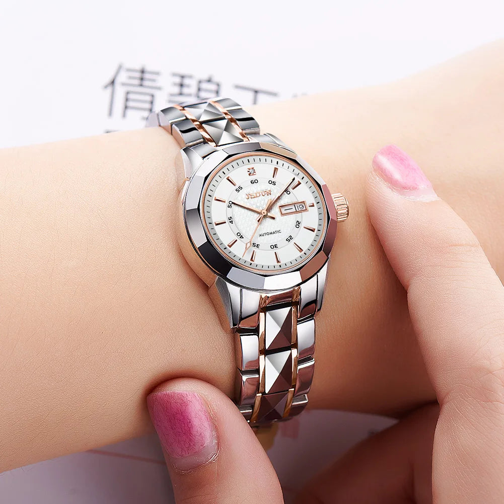 JSDUN 8014 Automatic Mechanical Watch For Women Dual Calendar Tungsten Steel Strap Hand Clock Luxury Elegant Women's Watches