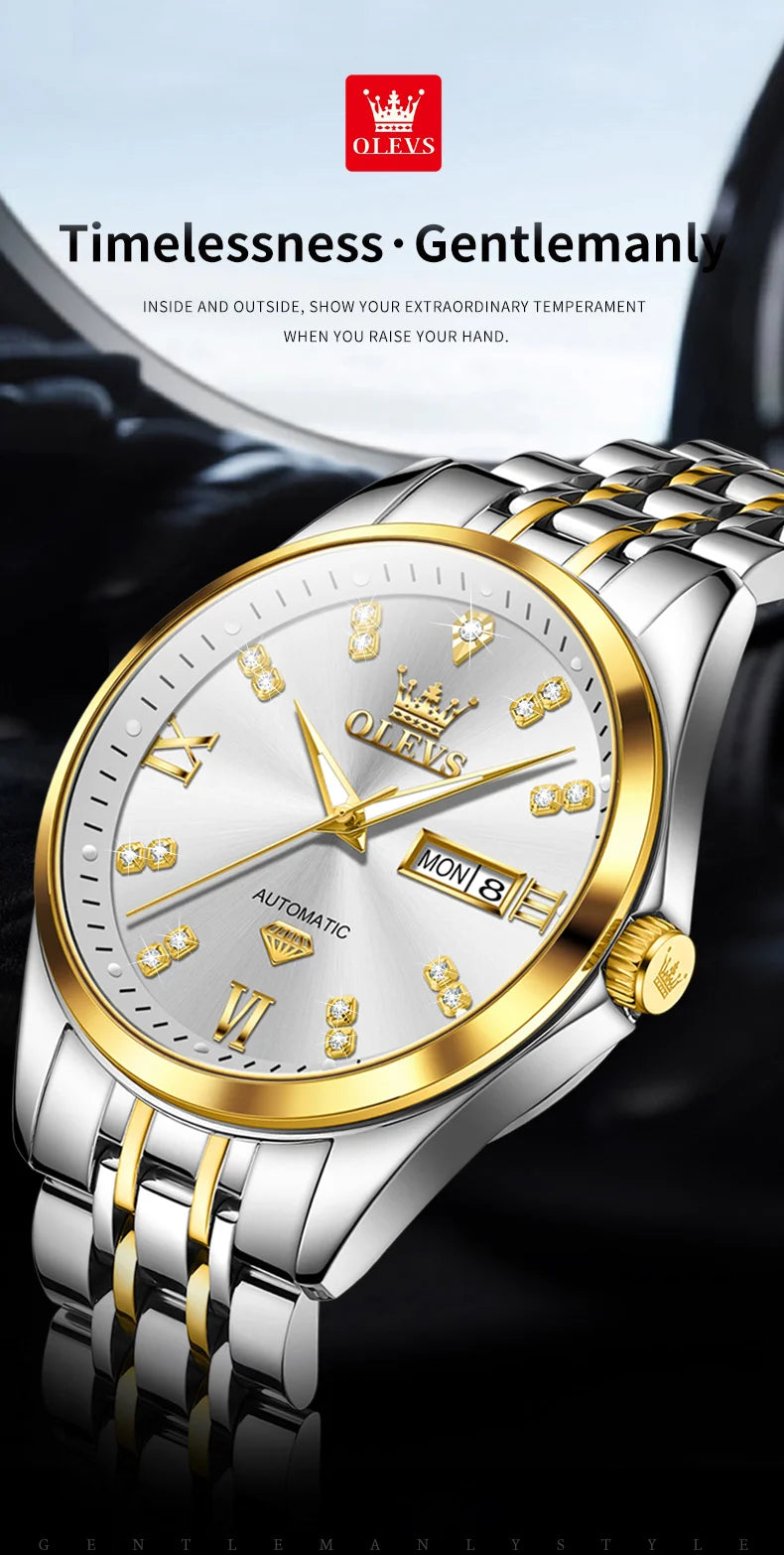 OLEVS 9801 Dual Calendar Luxury Mechanical Watch For Men Diamond Scale Stainless Steel Automatic Hand Clock Waterproof Man Watch