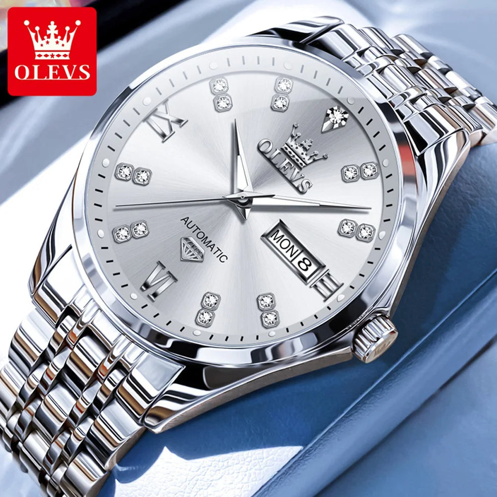OLEVS 9801 Dual Calendar Luxury Mechanical Watch For Men Diamond Scale Stainless Steel Automatic Hand Clock Waterproof Man Watch