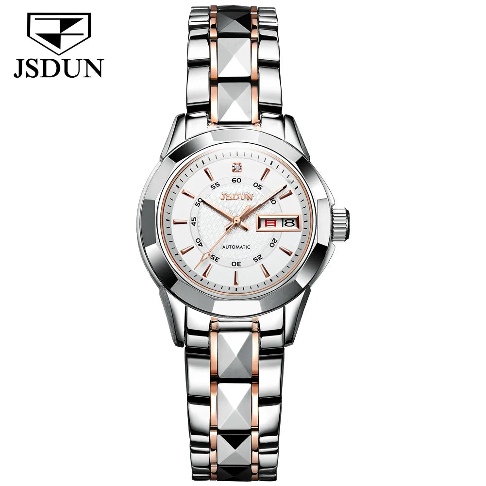 JSDUN 8014 Automatic Mechanical Watch For Women Dual Calendar Tungsten Steel Strap Hand Clock Luxury Elegant Women's Watches
