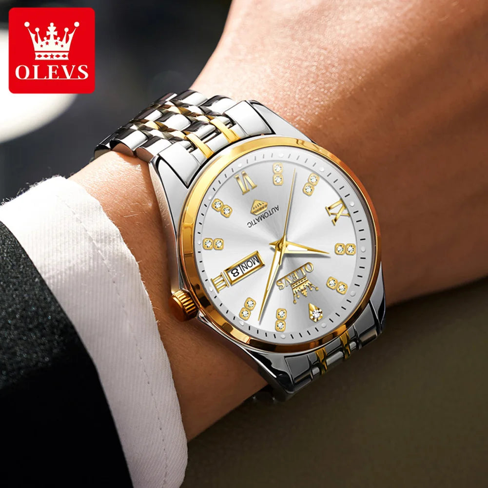 OLEVS 9801 Dual Calendar Luxury Mechanical Watch For Men Diamond Scale Stainless Steel Automatic Hand Clock Waterproof Man Watch