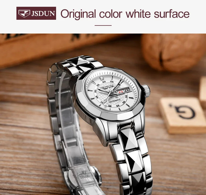 JSDUN 8014 Automatic Mechanical Watch For Women Dual Calendar Tungsten Steel Strap Hand Clock Luxury Elegant Women's Watches