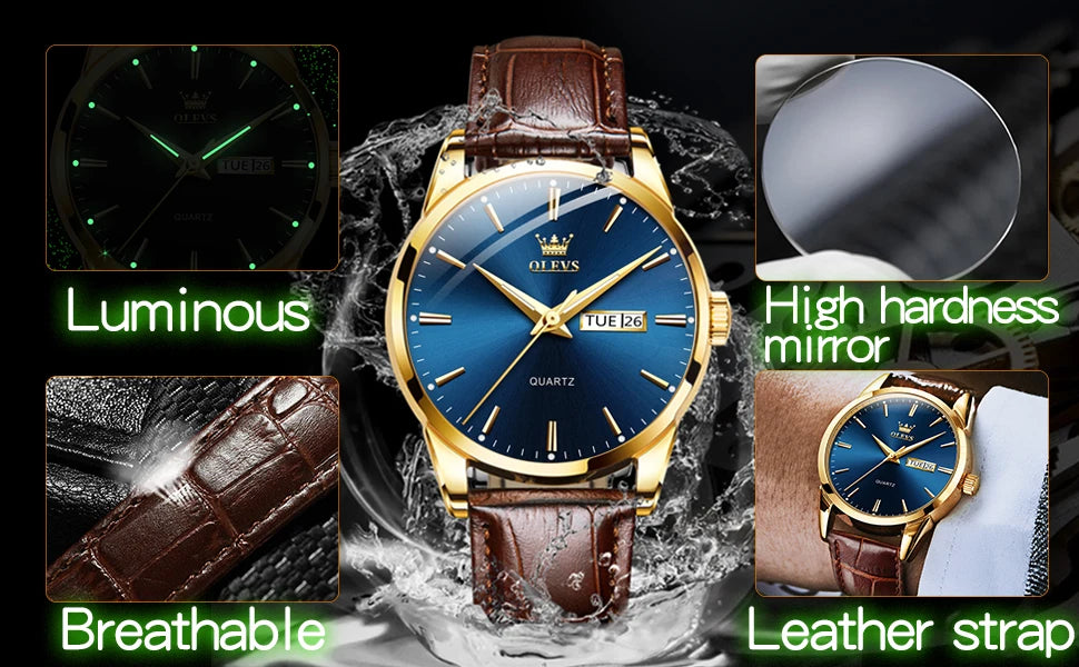 OLVES Top Brand Men's Watches Original Simple Blue Face Quartz Wristwatch for Man Waterproof Leather Strap Business Watch Casual