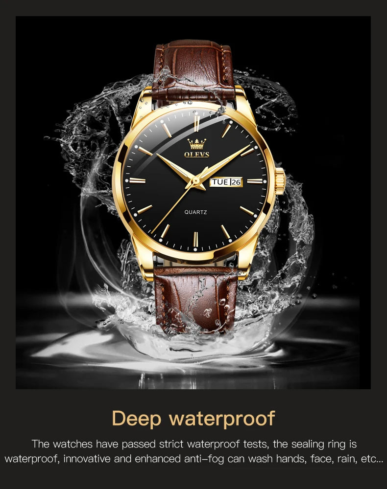 OLVES Top Brand Men's Watches Original Simple Blue Face Quartz Wristwatch for Man Waterproof Leather Strap Business Watch Casual