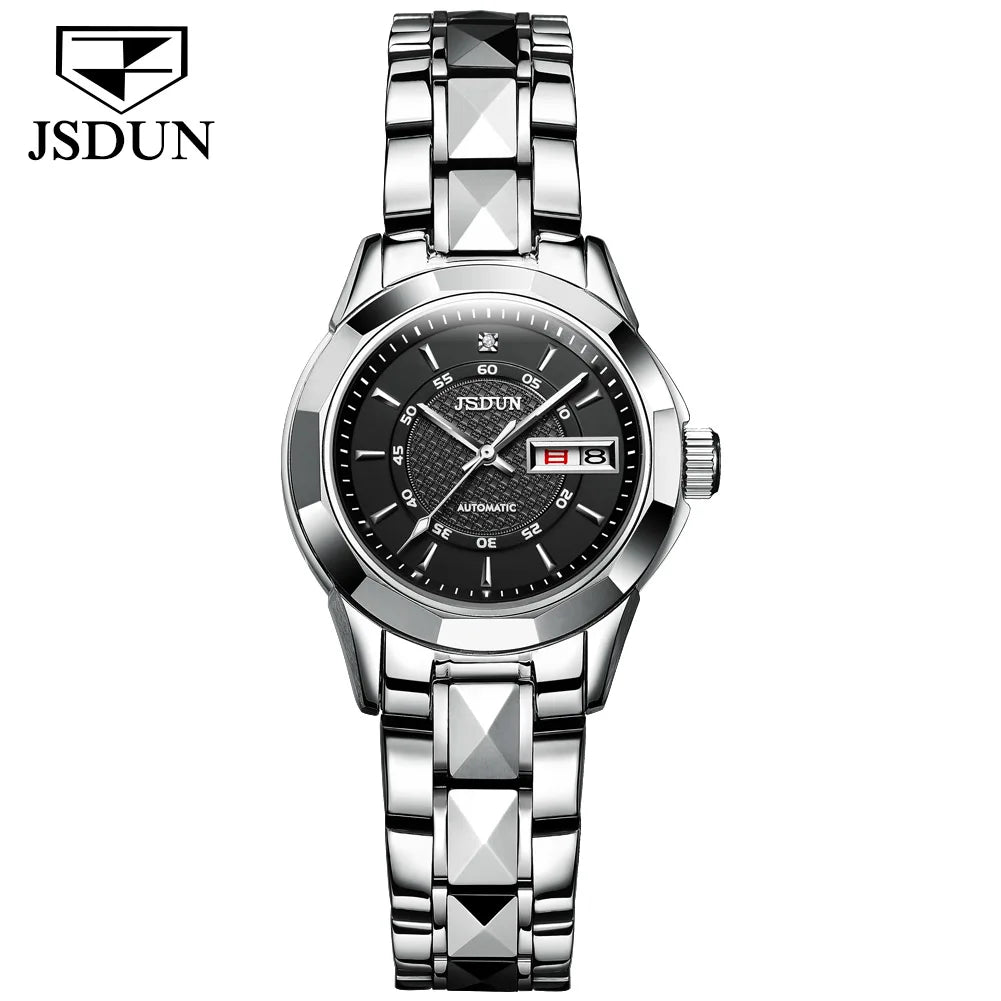 JSDUN 8014 Automatic Mechanical Watch For Women Dual Calendar Tungsten Steel Strap Hand Clock Luxury Elegant Women's Watches