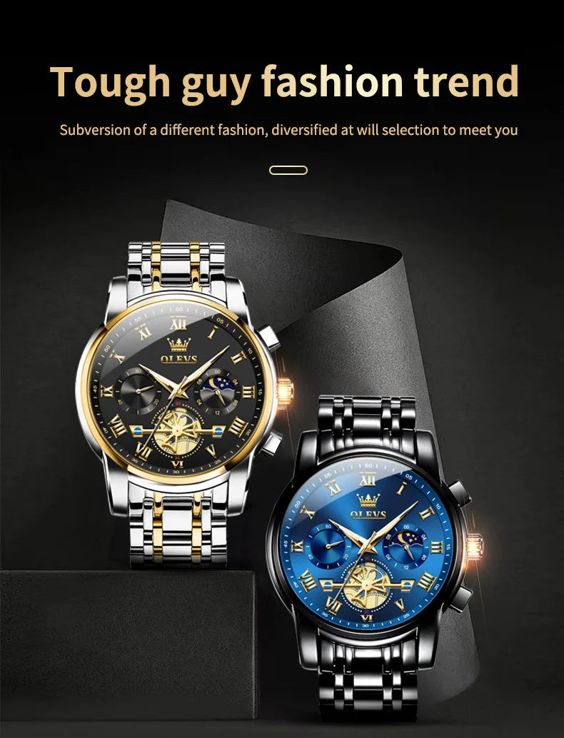 OLEVS 2859 Moon Phase Men Watches Chronograph High End Watches Man Stainless Steel Waterproof Quartz Watch for Men Luxury Brand