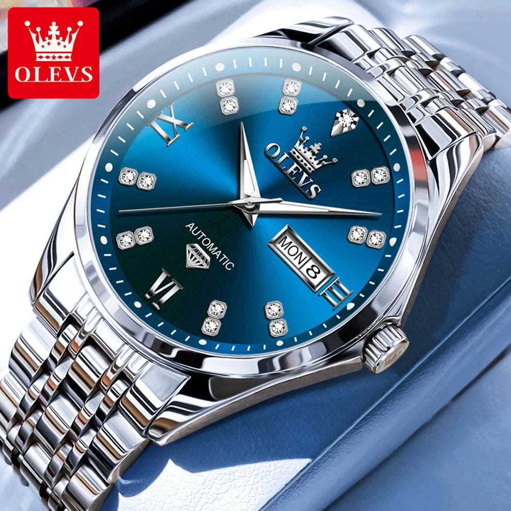 OLEVS 9801 Dual Calendar Luxury Mechanical Watch For Men Diamond Scale Stainless Steel Automatic Hand Clock Waterproof Man Watch