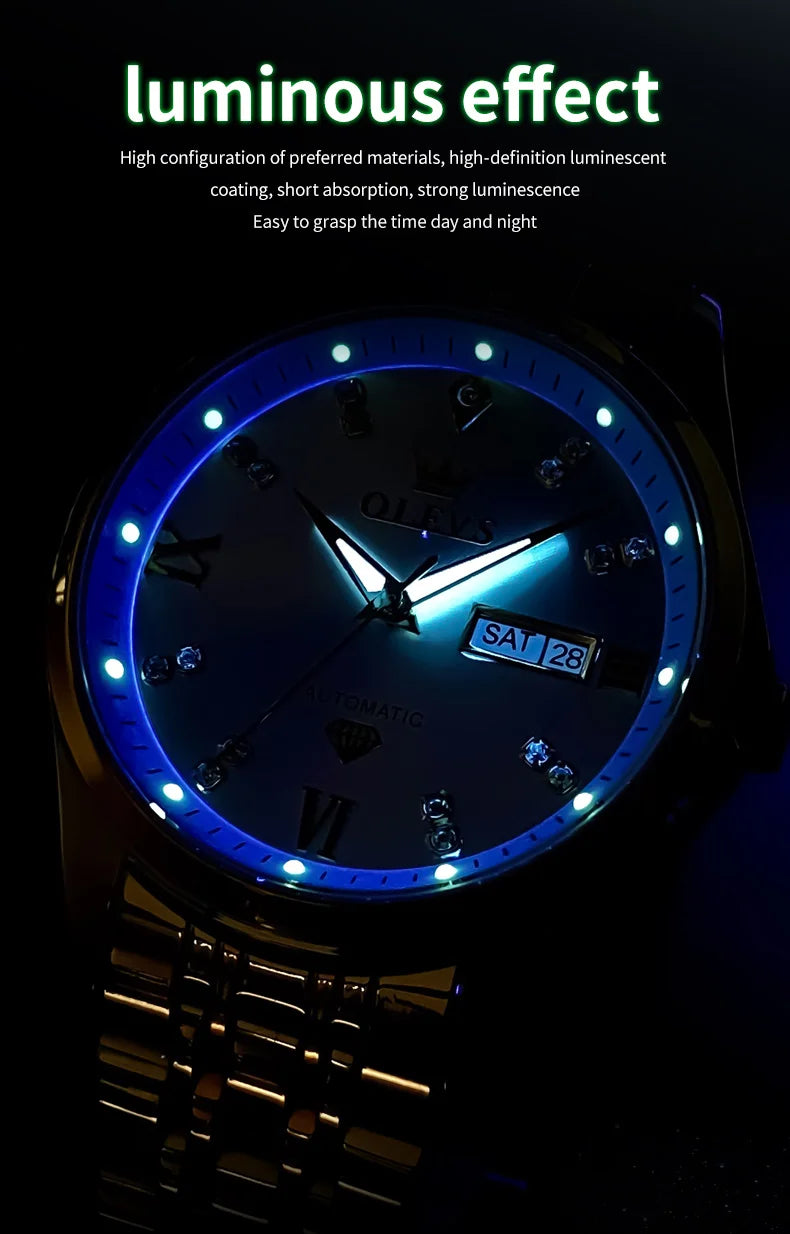 OLEVS 9801 Dual Calendar Luxury Mechanical Watch For Men Diamond Scale Stainless Steel Automatic Hand Clock Waterproof Man Watch